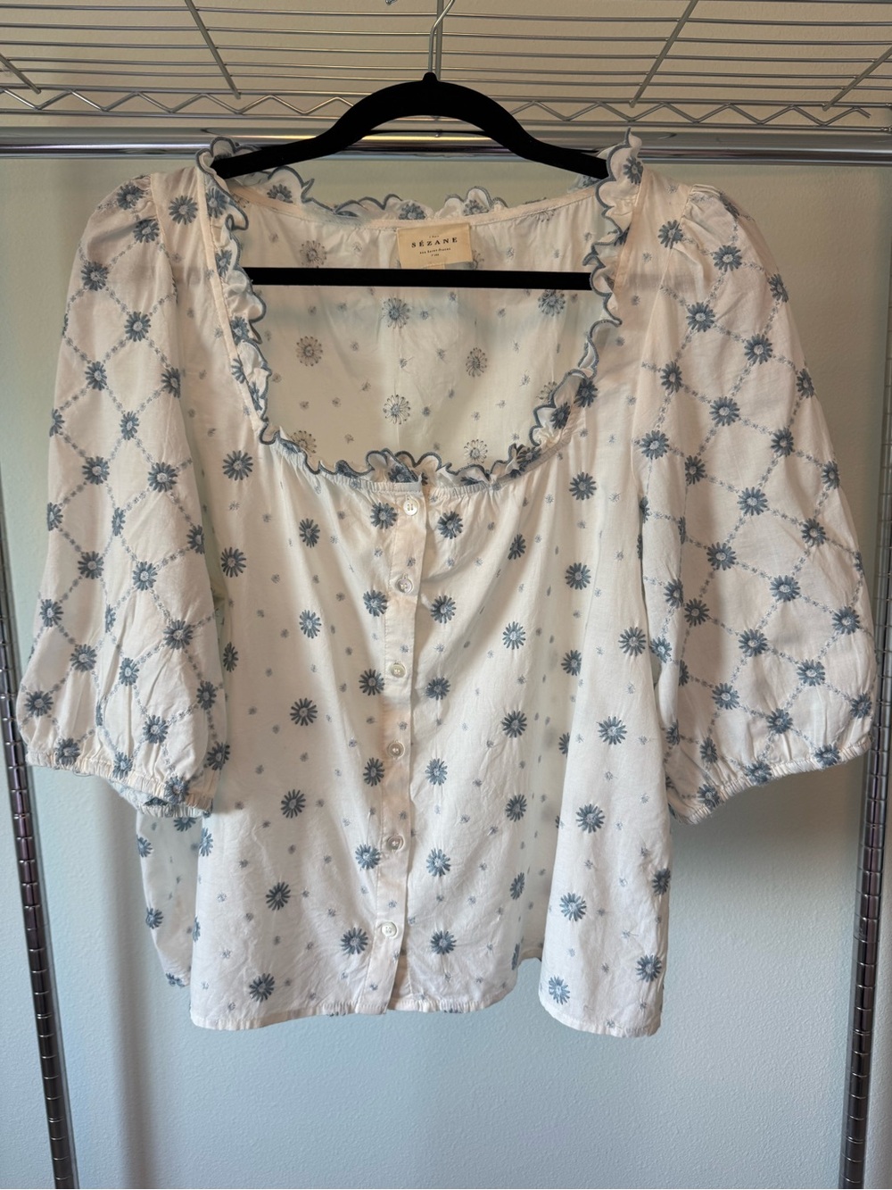 Sezane Kellia Shirt Blue Ecru Daisies - Size 12/44 - Picture 2 of 9